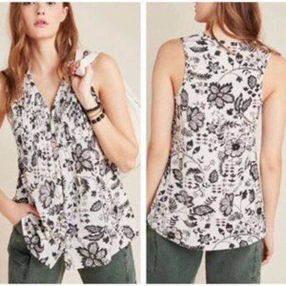 Anthropologie Maeve Floral Pintuck Sleeveless Button-Down Top Cream & Black S - Picture 1 of 9